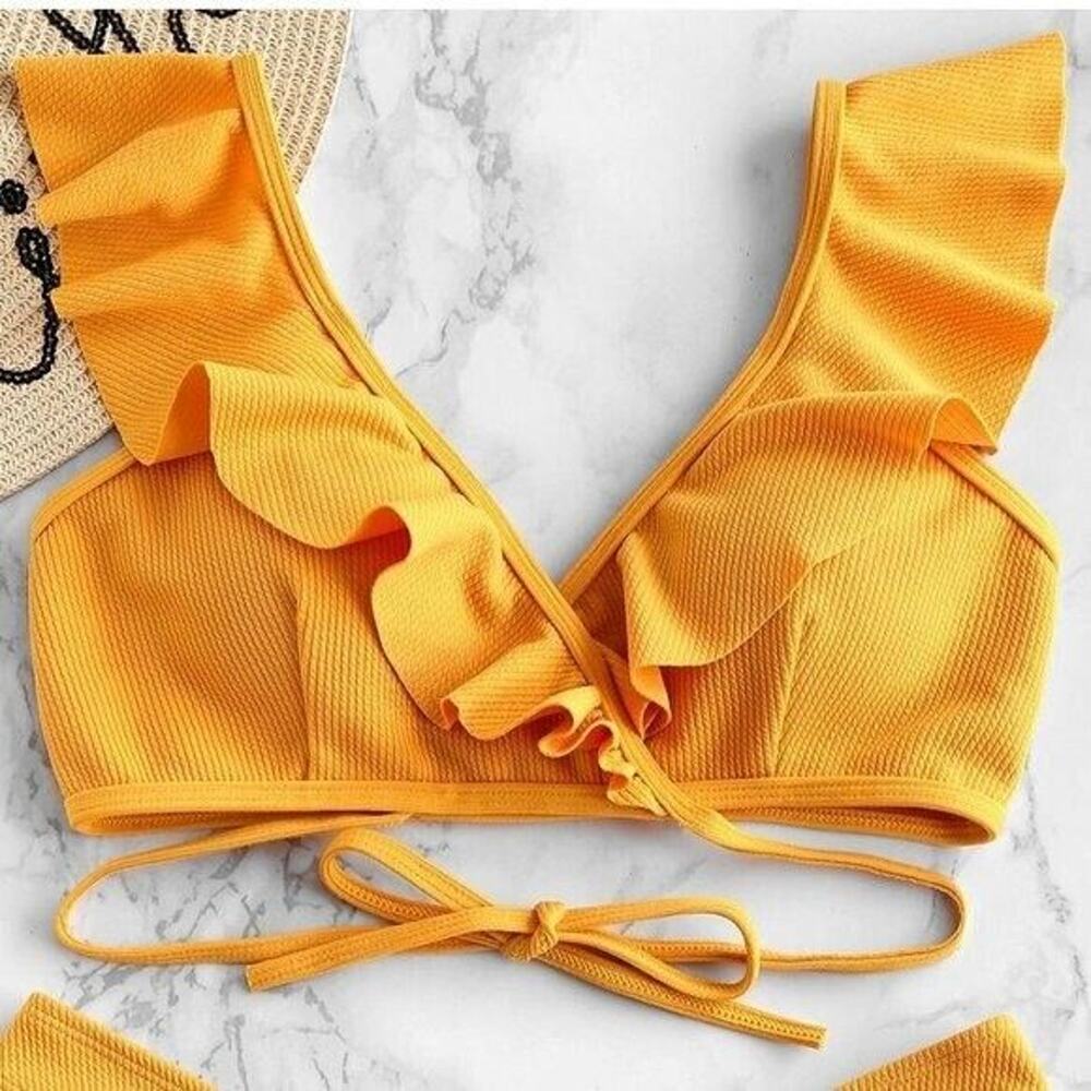 Ruffled Wrap Ribbed Triangle Bikini Top Size S Yellow
